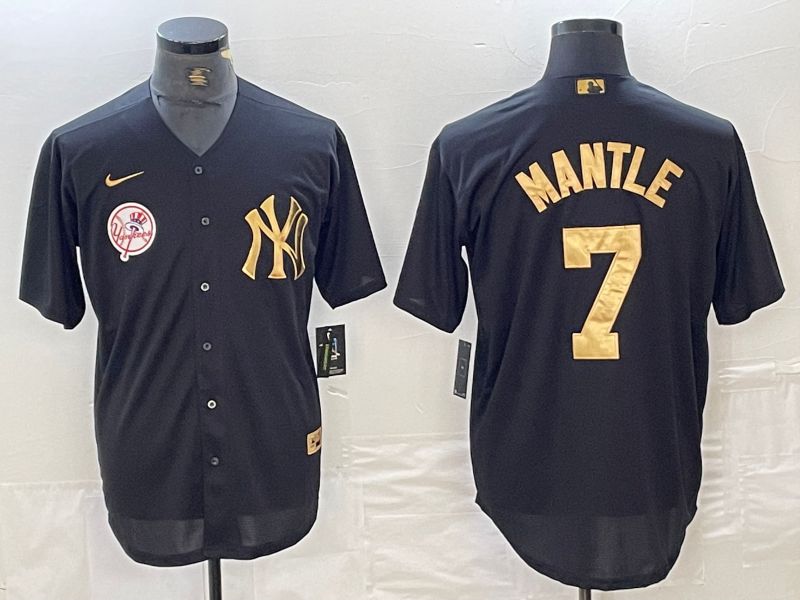 Men New York Yankees 7 Mantle Black gold 4 th generation Nike 2024 MLB Jersey style 3